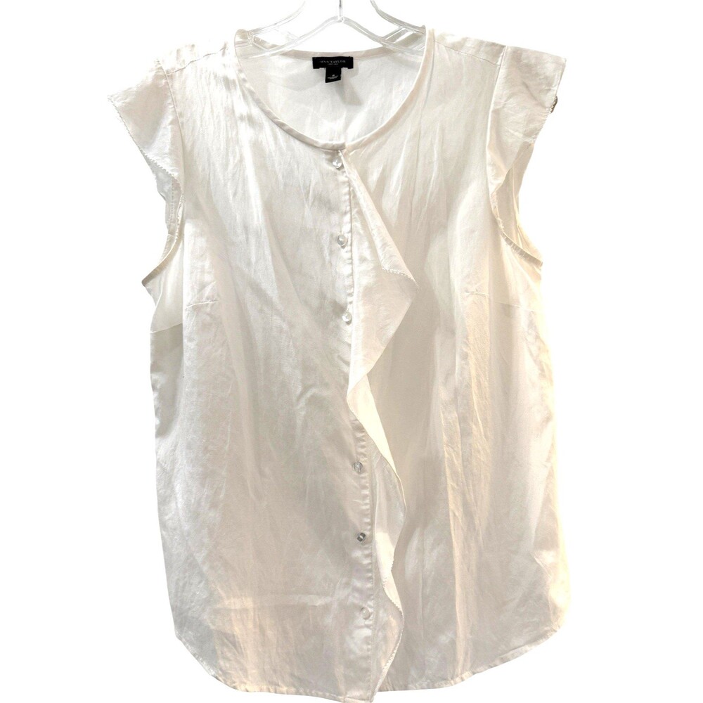 Ann Taylor Silk Blend Ruffle Button Front Sleeveless Blouse Size 8 White Top